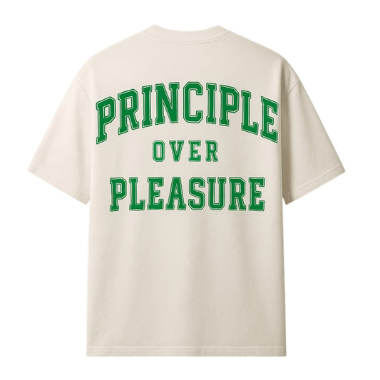 Humec Premium 260 GSM Oversized T-Shirt – “Principle Over Pleasure” Graphic Tee (Cream/Green)