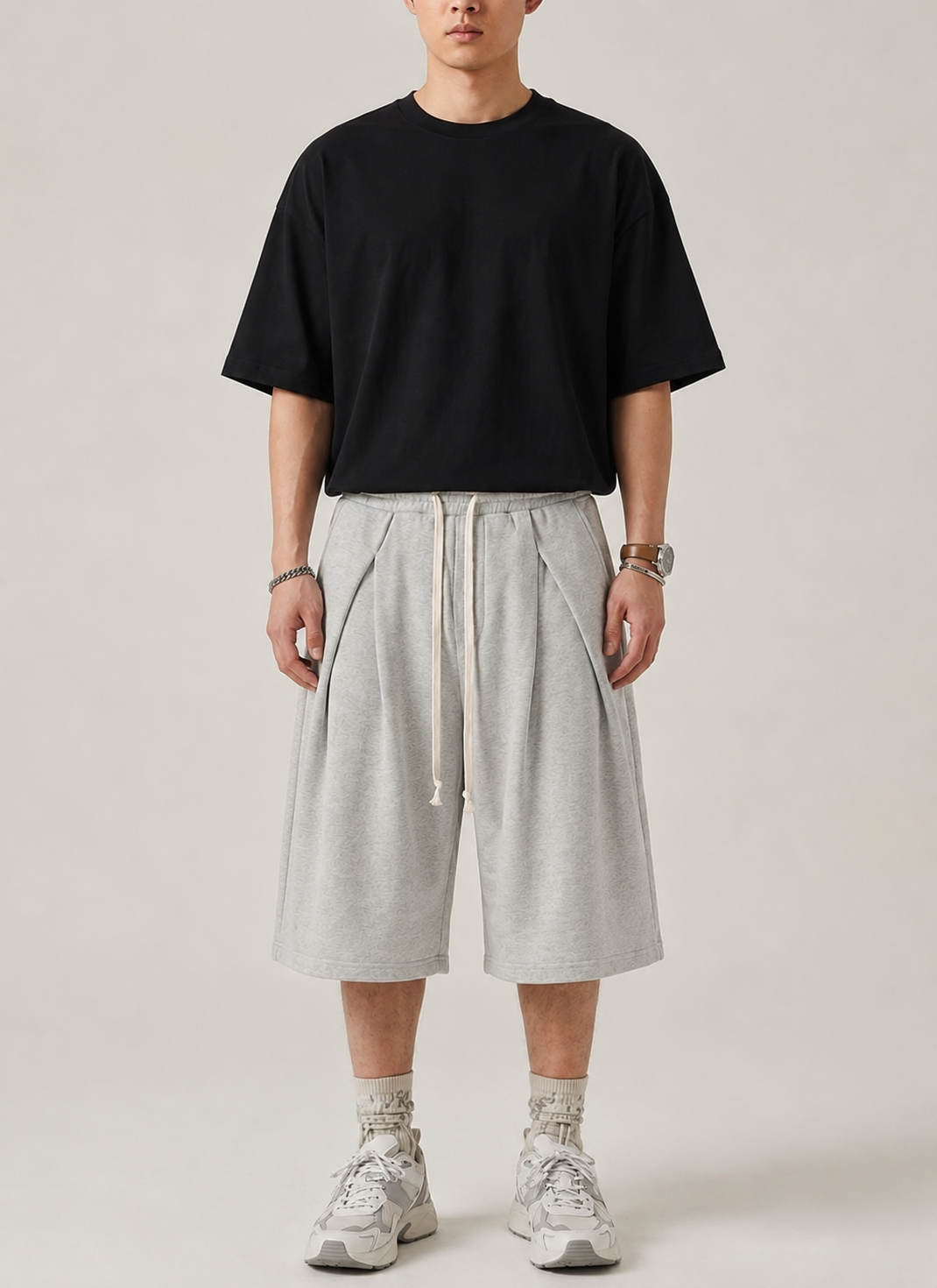 Relaxed Pleated Fleece Shorts