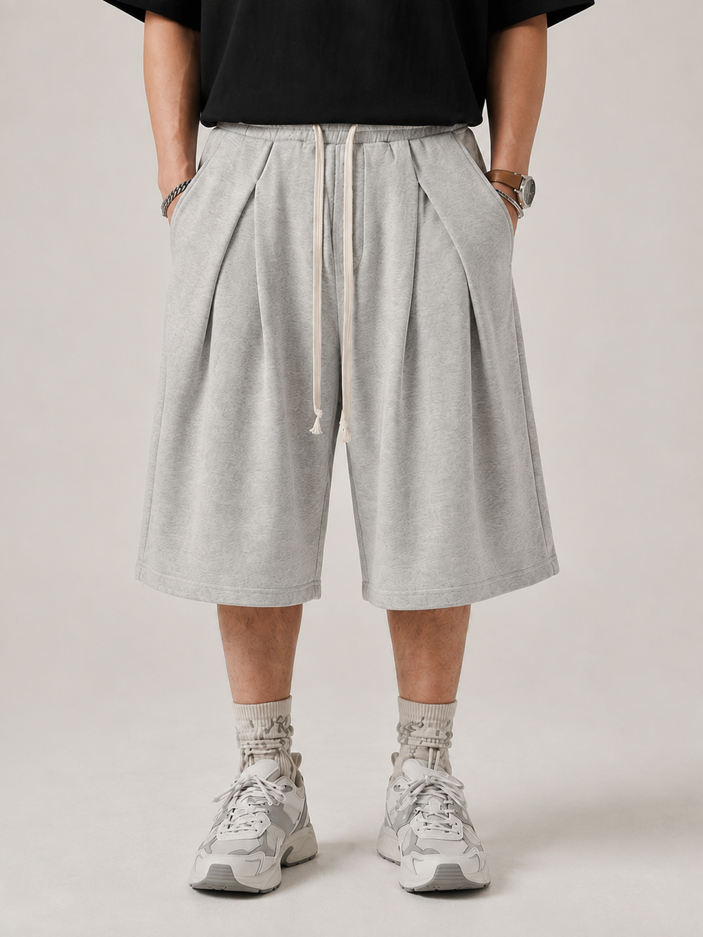 Relaxed Pleated Fleece Shorts