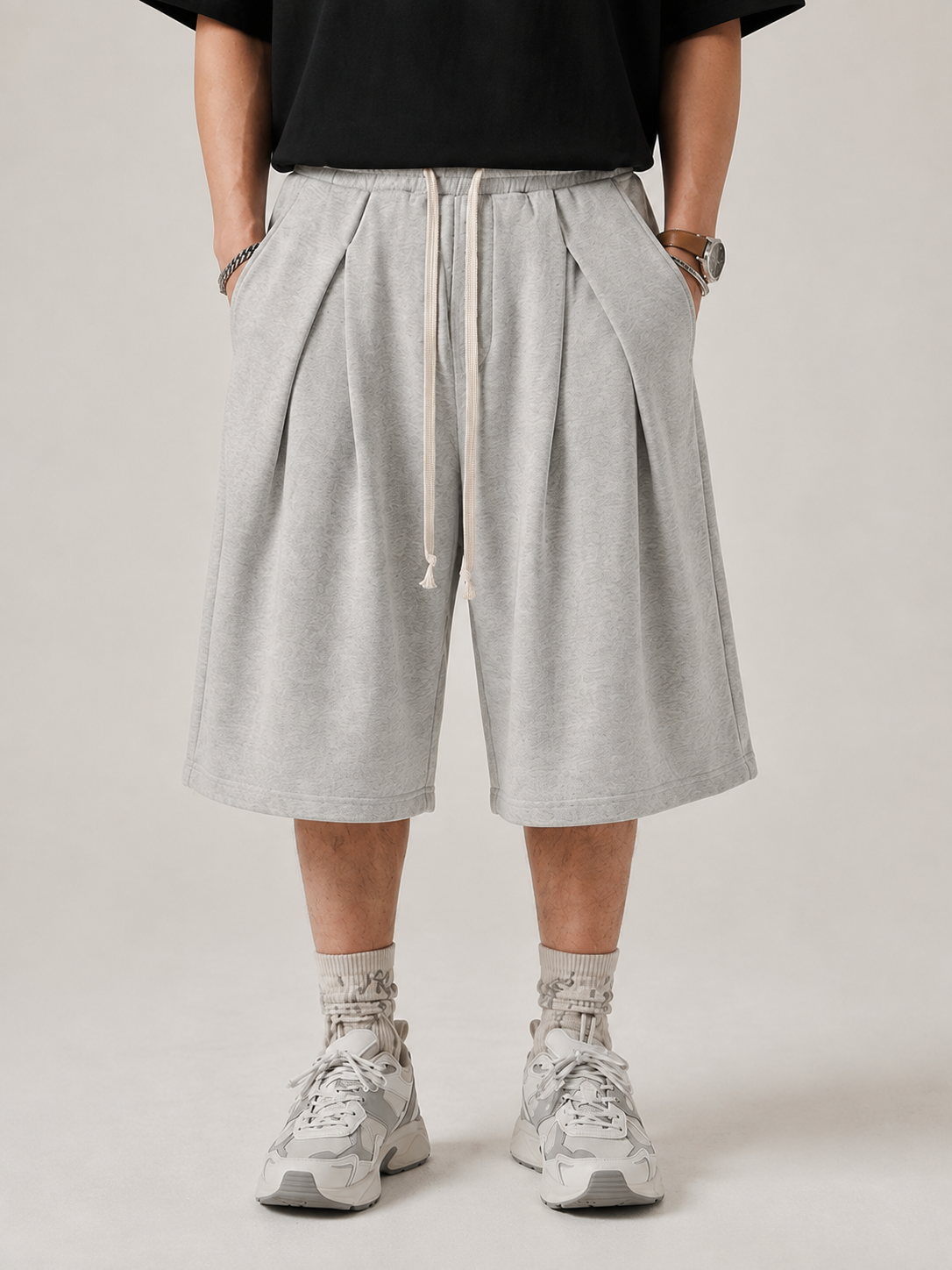 Relaxed Pleated Fleece Shorts
