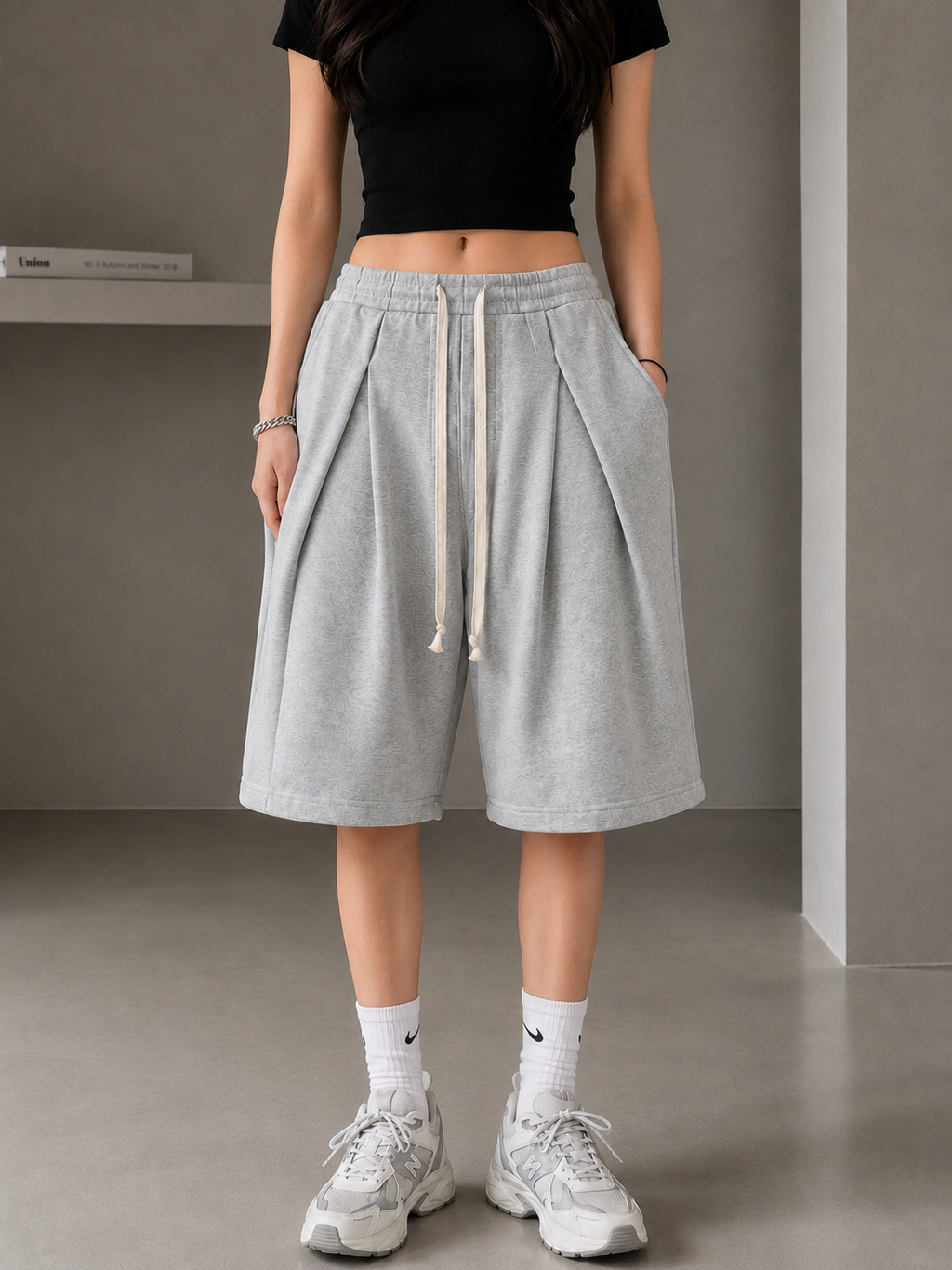 Relaxed Pleated Fleece Shorts