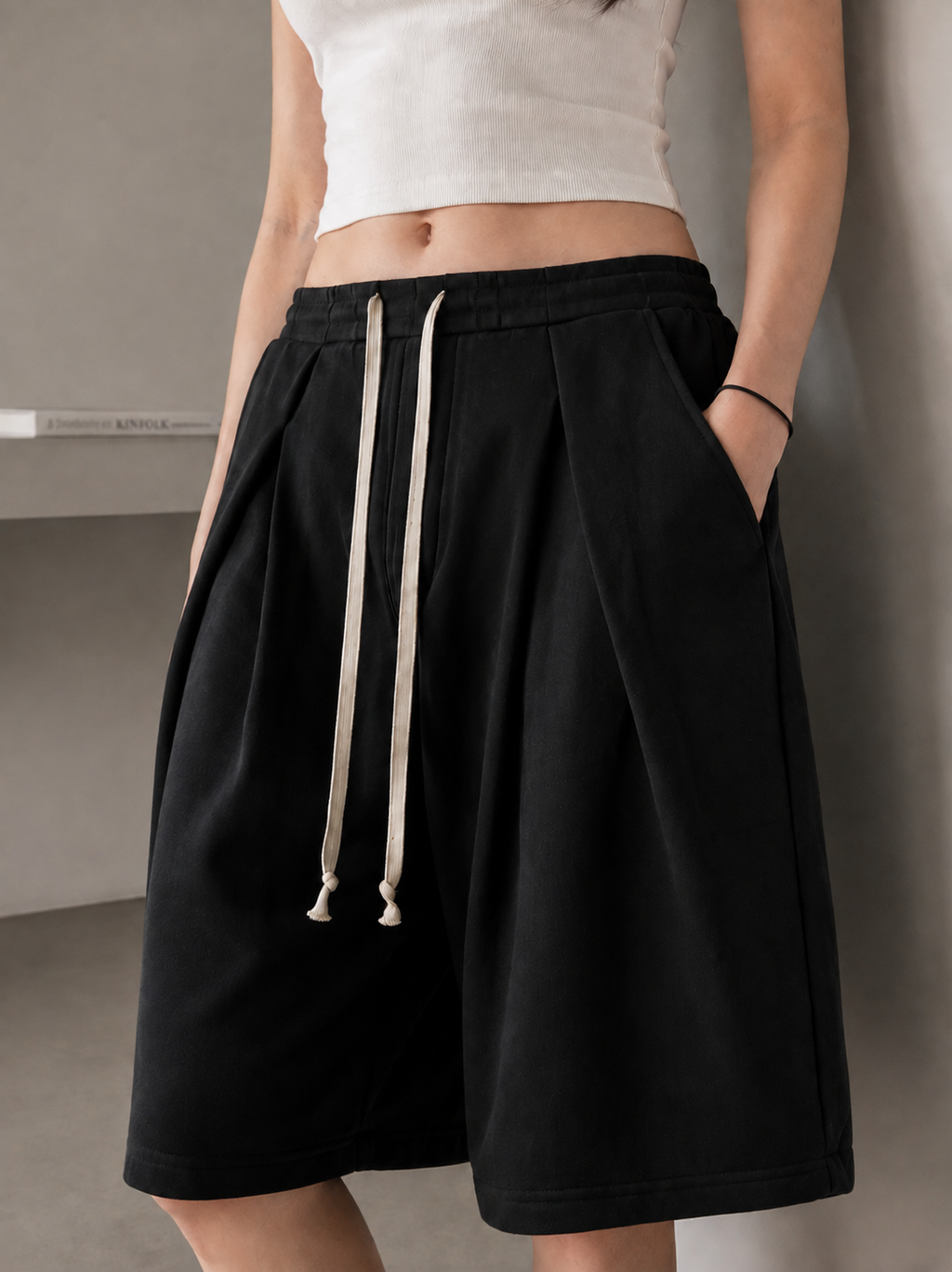 Relaxed Pleated Fleece Shorts