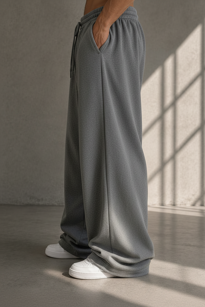 Grey wide-leg sweatpants with a drawstring waist and side pockets, shown on a model from the waist down wearing white sneakers in a sunlit concrete room.


